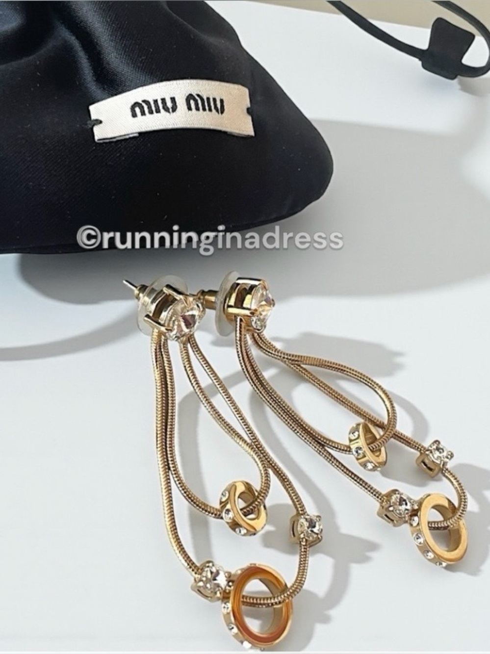 Authentic Miu Miu Gold Crystal Snake Chain Drop Dangle Chandelier Earrings Set